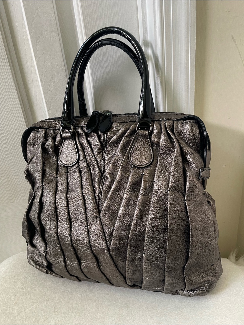 Valentino Garavani Metallic Pewter Pleated Tote with Black Handles